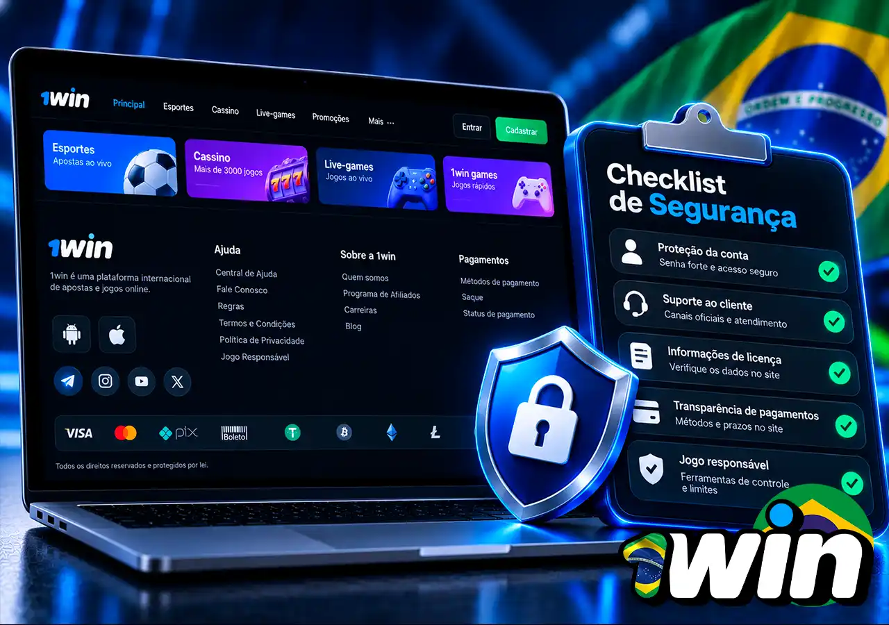 Interface em laptop com checklist de segurança, suporte, licença e pagamentos.